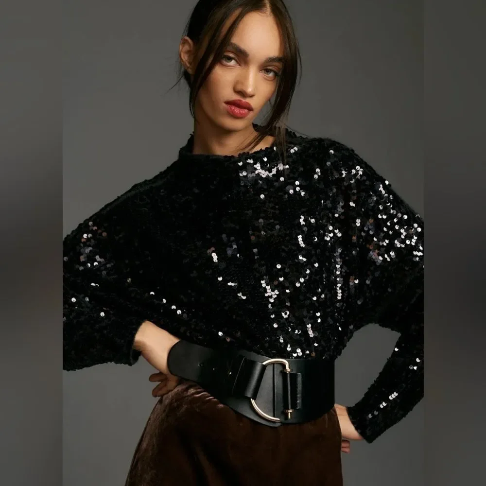 Anthropologie The Alani Cashmere Mock-Neck Sweater by Pilcro Sequin Edition NWT